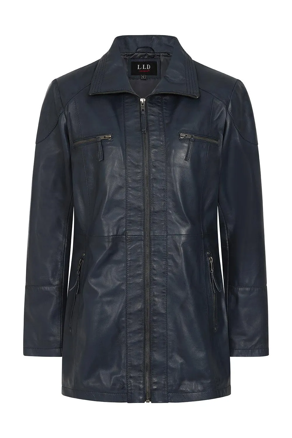 Womens Stunning Hip-Length Navy Sky Blue ALEXA Leather Jacket